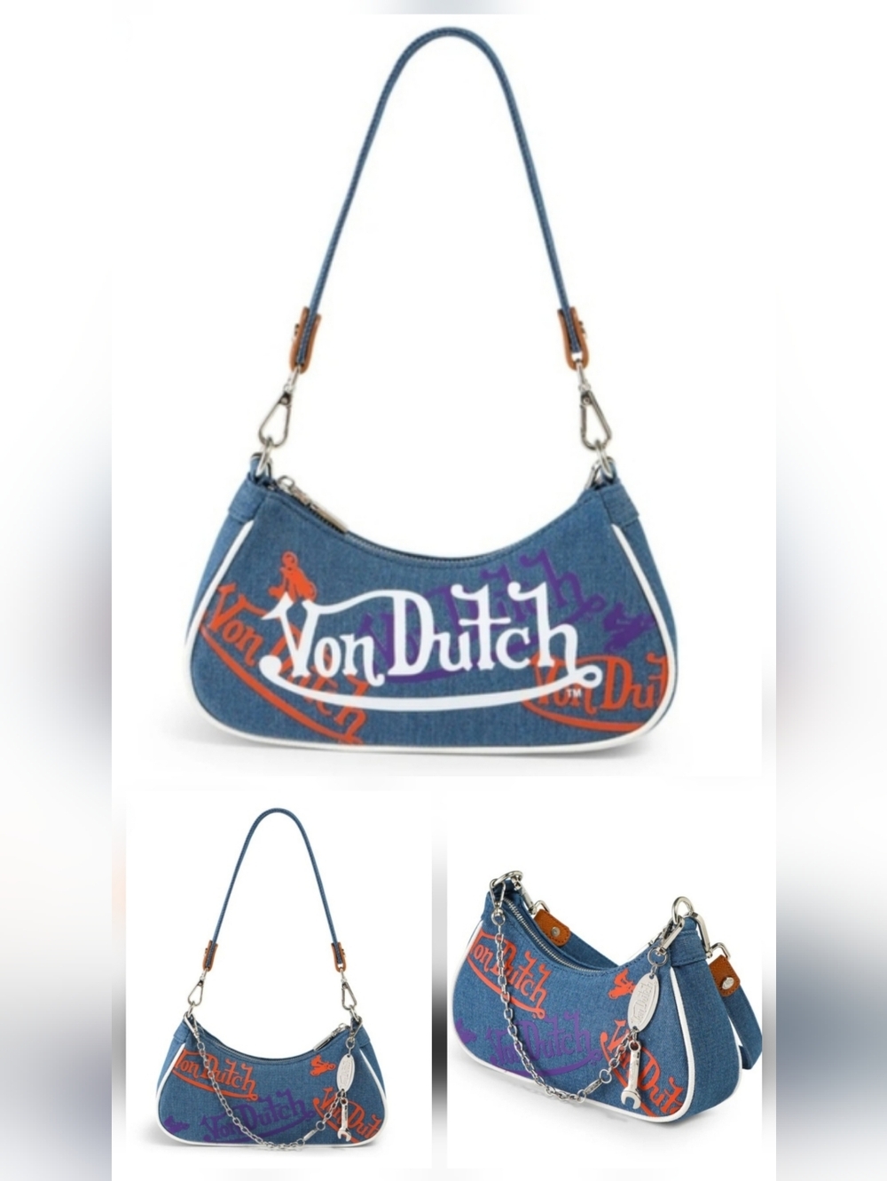 Von Dutch Denim/Orange/Purple Logo Shoulder Bag W/CUTE Mini Wrench-New W/Tags! - Picture 7 of 12